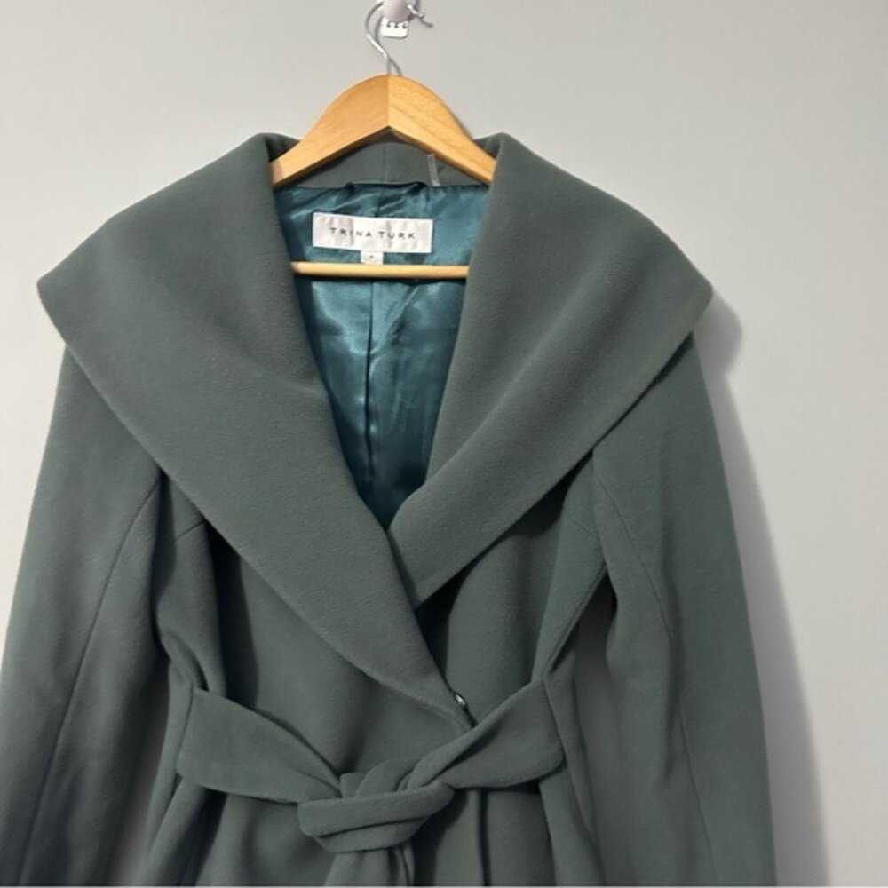 Trina Turk Wool Blend Wrap Coat Green Size 6 Quiet Luxury Forestcore Chic - Picture 5 of 13